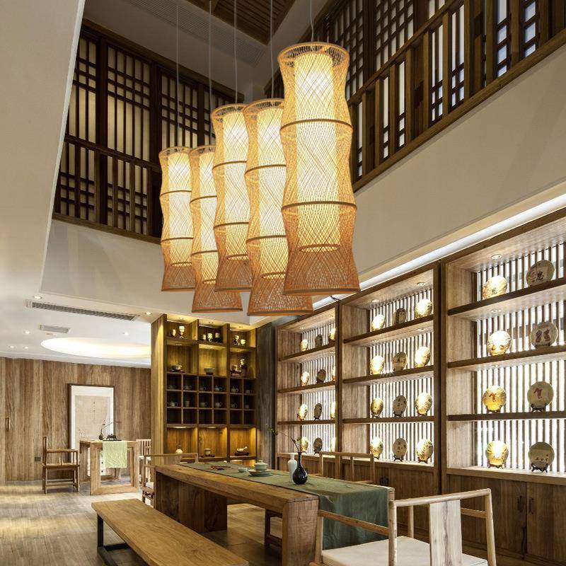 中式复式楼大吊灯中空客厅灯竹编楼梯灯长吊灯茶楼民宿酒店大堂灯