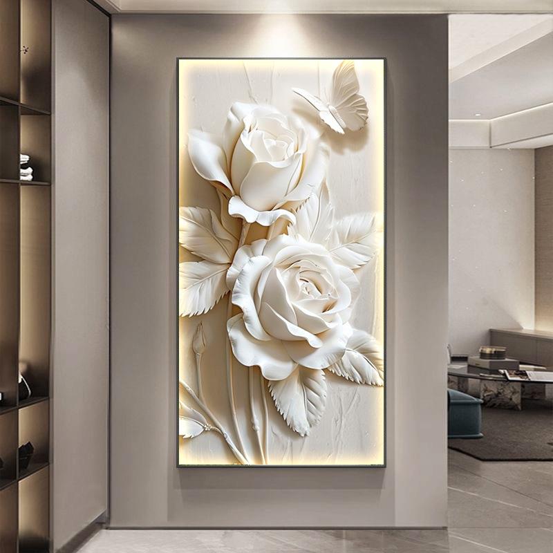 奶油风花卉玄关装饰画现代简约蝴蝶客厅走廊壁画浮雕过道尽头挂画