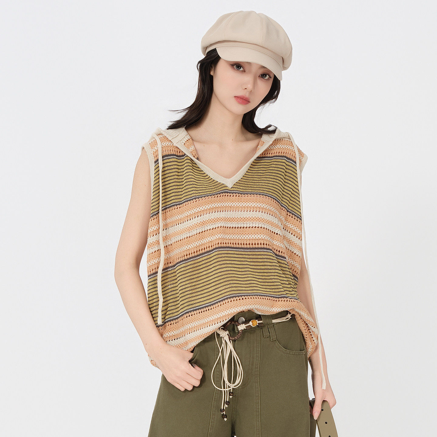 法柚2026夏季新款撞色镂空套头条纹针织马甲无袖叠穿背心毛衫女