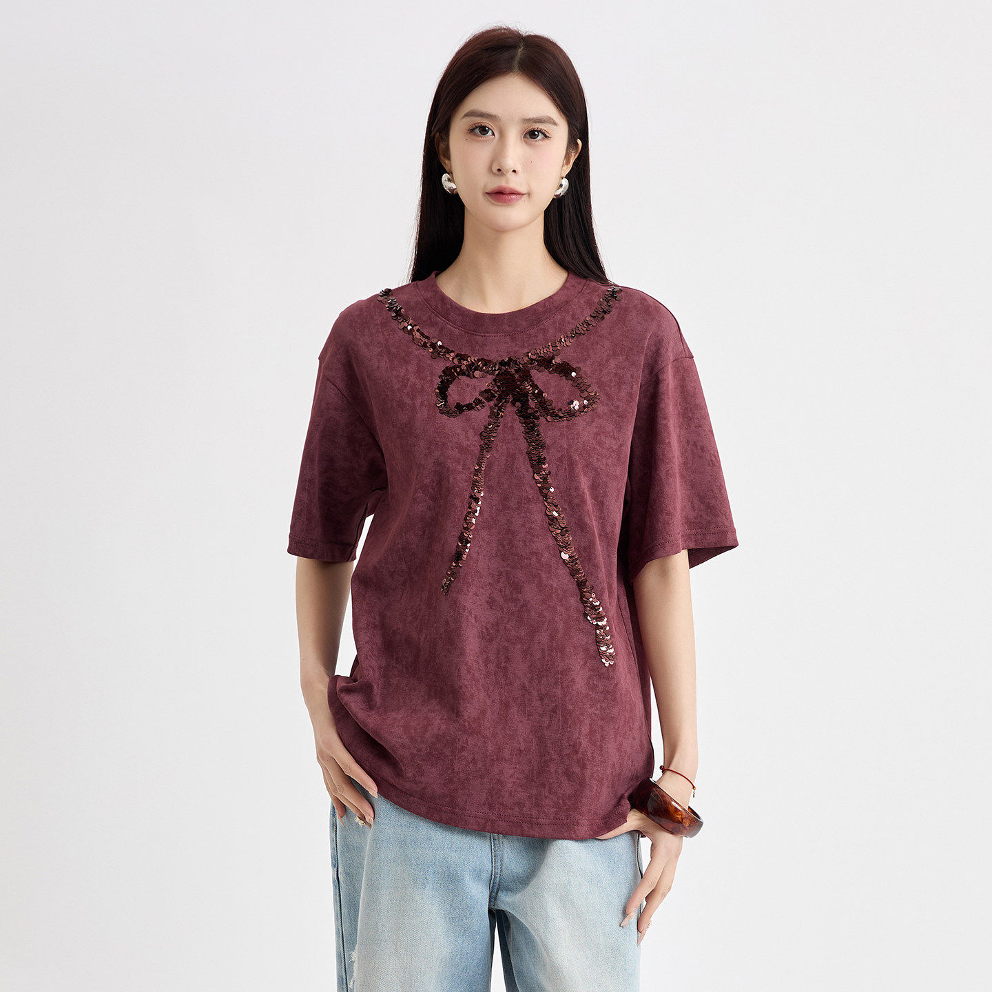 法柚酒红色亮片蝴蝶结短袖T恤2026春季新款设计感小众独特上衣,女装/女士精品,T恤,淘宝优惠券,粉丝福利购,淘宝优惠卷