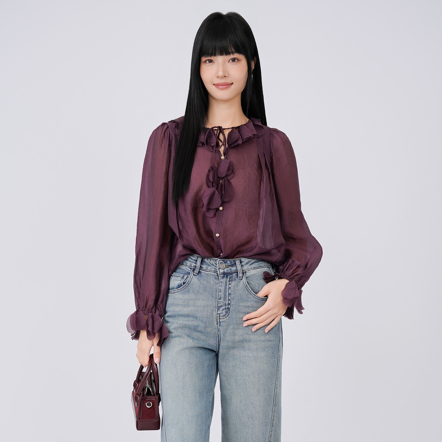 法柚长袖衬衫2025冬季新款打底衫百搭荷叶边显瘦小众气质女上衣