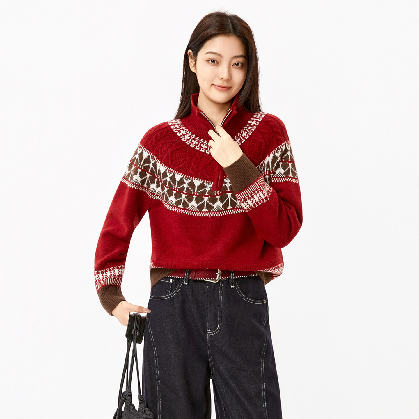 法柚针织衫女2025秋冬红色毛衣韩版休闲立领长袖费尔岛毛衫外套,女装/女士精品,毛衣,淘宝优惠券,粉丝福利购,淘宝优惠卷