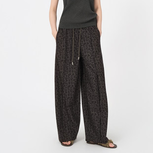 女士抽绳休闲松紧腰长裤 法柚2026夏季 阔脱裤 宽松豹纹直筒裤 新款