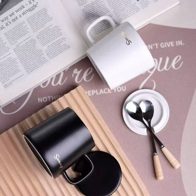 传旗】陶瓷马克杯带勺盖咖啡杯