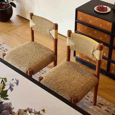 绳编椅子法复古风实木WRN式餐椅计师靠背椅子家用软包坐垫设红凳