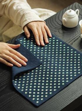 弥言手工绣加家干泡茶席茶道配INT件刺茶桌厚隔热棉麻布垫桌旗用