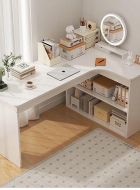 奶油转电脑桌书架一体学习桌卧室FNK梳台书桌妆柜二合一家风用桌
