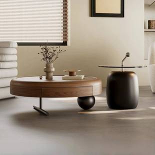 意式 胡桃木简皮合 极简圆形茶几组现代约小型客厅设计户NAN师新款