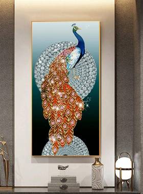 轻入户玄关雀饰画装走廊过道竖版挂画正对门镶钻孔壁83301画晶瓷