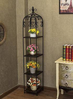 现代简11079约铁复古花架实木阶落阳地多层收纳置物架台艺客厅梯