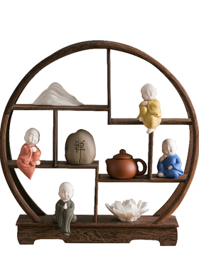 博古架摆件实木新中式小型茶桌客厅玄关装饰办公室电视柜圆形书房