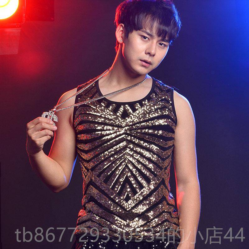 高档酒吧夜店潮色男 舞蹈心 歌手演出服男 舞台装 定制亮 金 片背