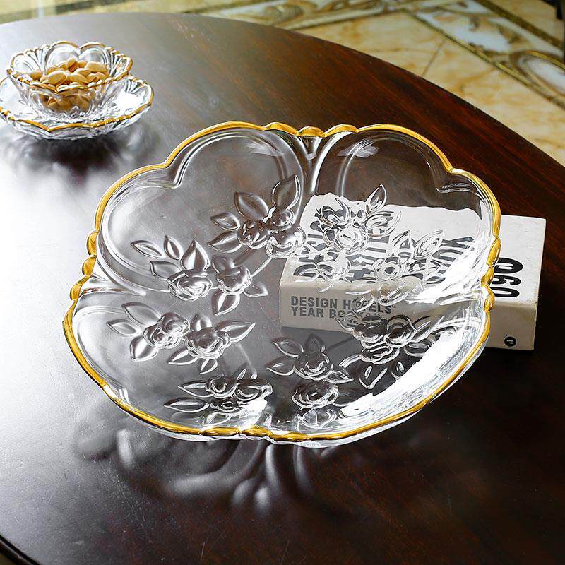 欧式轻奢金边水晶玻璃高脚水果盘家用客厅茶几果盆零食盘糖果盘子