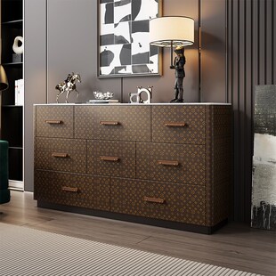 意式八斗柜实木六斗抽屉柜简约马鞍皮玄关柜现代客厅边柜卧室储物