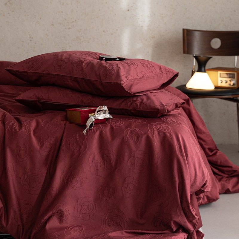 高端婚庆大红色60支水洗提花四件套结婚全棉纯棉新婚床单被套床品