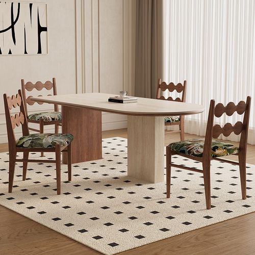 德利丰洞石岩板餐桌小户型家用桌子实木设计师法式奶油风全托 托