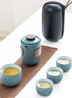 严选青qgh2312釉条纹快客杯一壶二四套杯装陶瓷旅行石便携式茶具