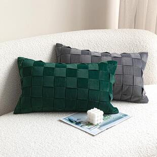 轻NYX形奢复古丝绒编织抱枕红色绿色沙发腰板样间靠枕长方软装搭