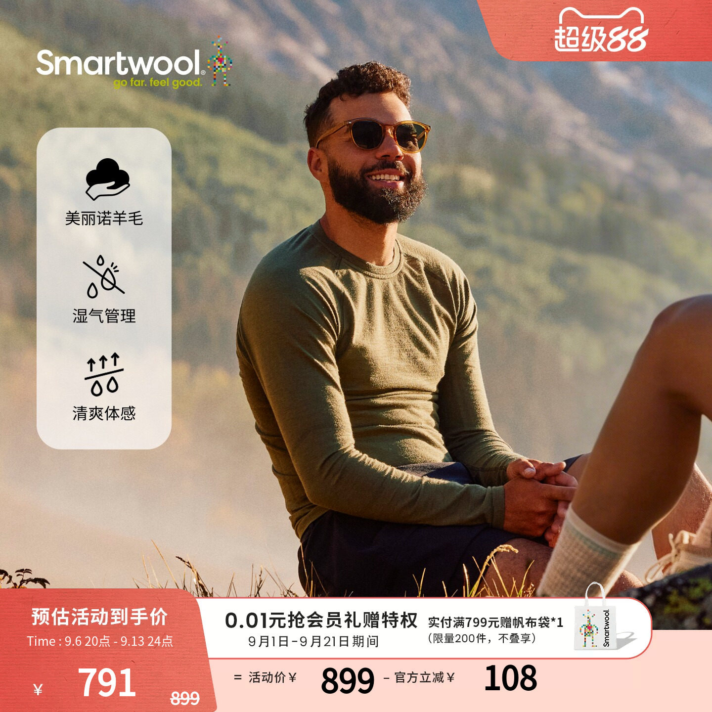 Smartwool美丽诺羊毛男款Intraknit吸湿速干圆领防晒T恤户外运动