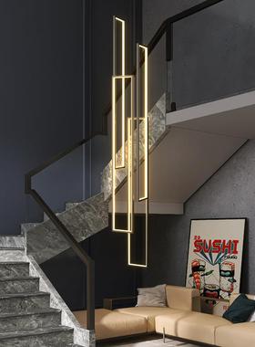 楼梯吊灯现代简约别墅复式楼中空loft旋转楼梯间极简超长方框灯具