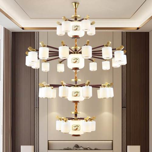 新中式别墅客厅中空大吊灯新款复式楼中楼挑空跃层大厅楼梯长吊灯