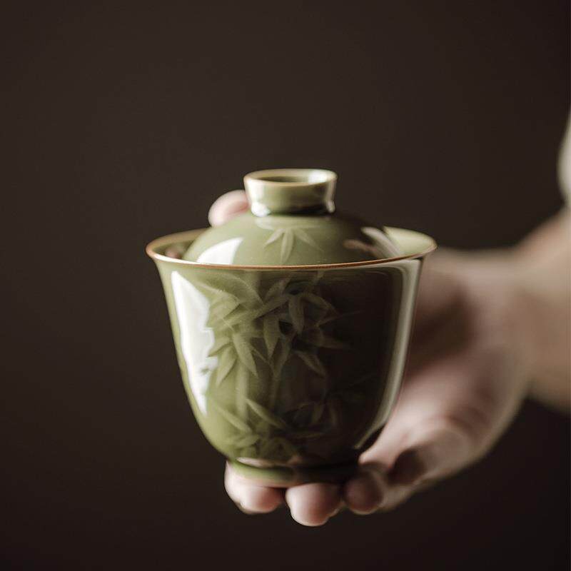 束刻越窑青瓷艾草青南竹盖碗仿古手工浮雕功夫茶具泡茶碗沏茶碗