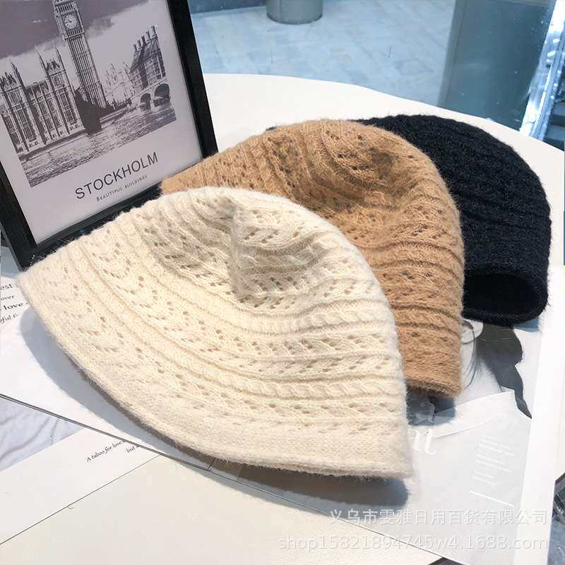 帽子女春秋小众渔夫帽针织加厚保暖水桶大帽檐韩版百搭时尚毛线帽