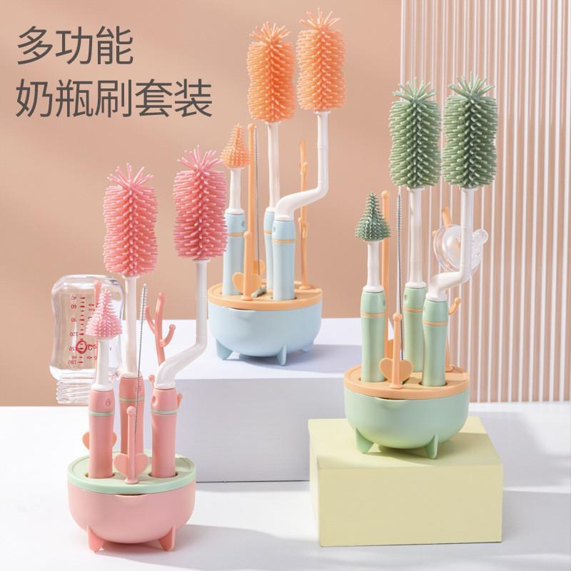 婴儿专用硅胶奶瓶刷三色长柄清洗刷组合度旋转清洗奶瓶刷套装刷子