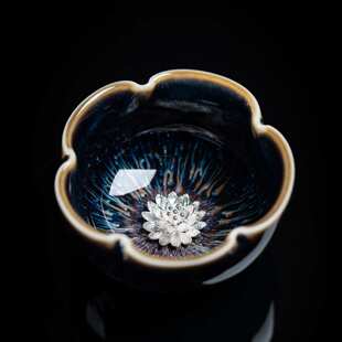 宋朴苏扬烨大师建盏主人杯镶嵌银莲品茗杯窑变功夫喝茶杯送礼盒装