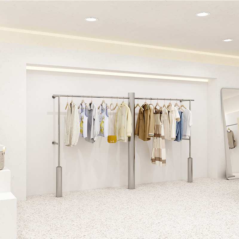 服装店展示架女装货架陈列架男童装不锈钢银色拉丝货架上墙挂衣杆