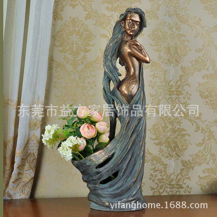 欧美风格仿古红铜美女花瓶摆件 树脂工艺品 婚庆新房装饰品