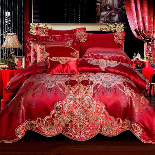 结婚四件套大红色新婚喜被婚礼真丝棉刺绣长绒棉婚庆床上用品十件