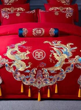 DW-91005结婚四套纯龙棉绒棉凤刺长绣大红婚被全棉床件上用品婚庆