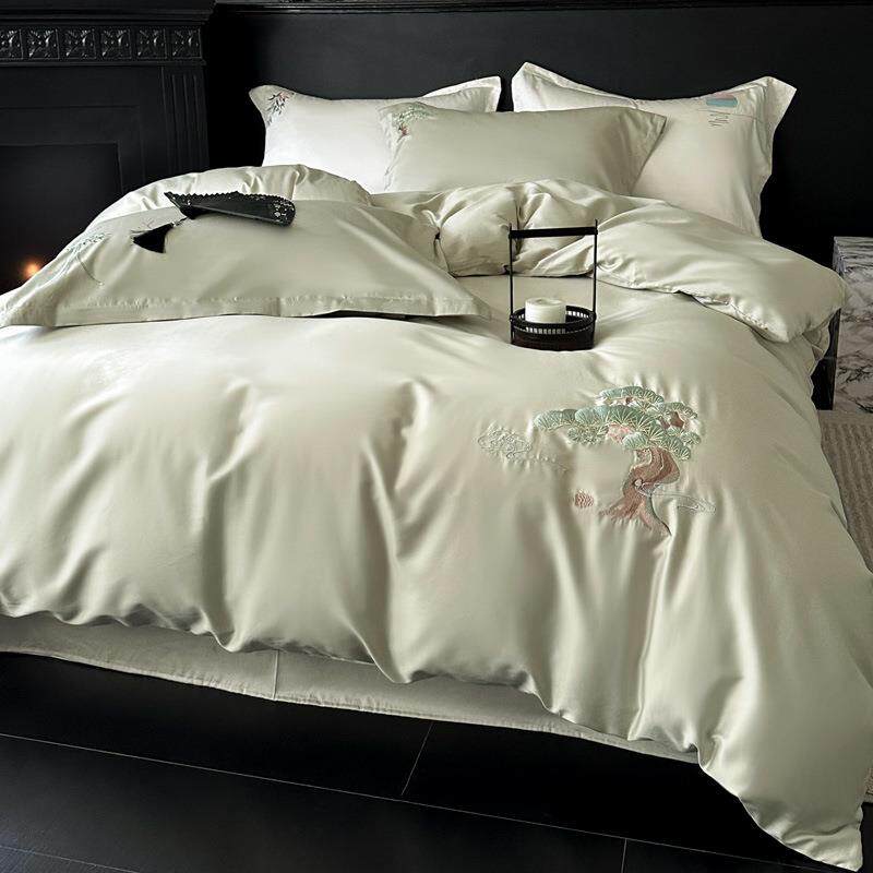 新中式风100支绒棉纯棉四长件套a类母婴刺XHS级缎绣被套四件套贡