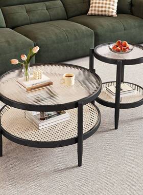 中古风日式藤编圆玻茶几小户型家桌用IWQ璃客厅新款阳台简约茶形