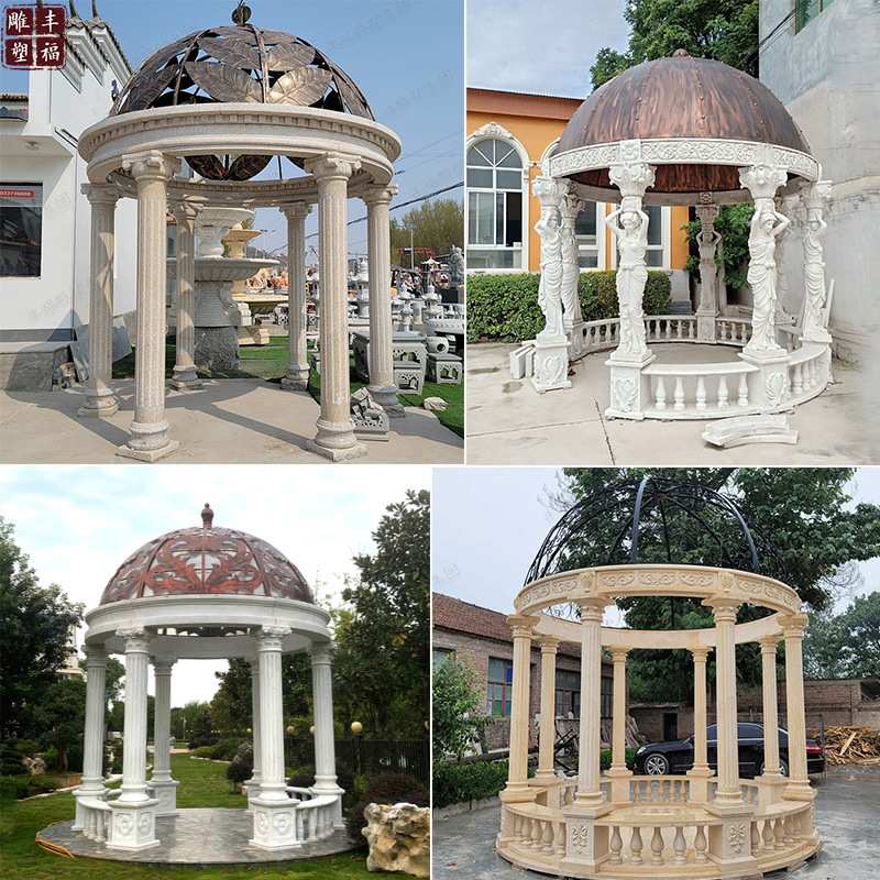 曲阳石亭子厂家 庭院铁艺圆形花岗岩石头凉亭 石材长廊亭子雕塑
