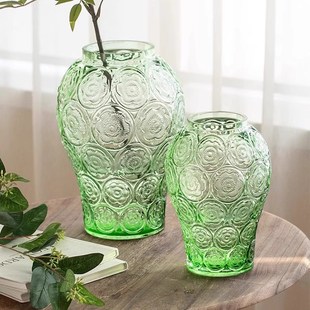 法式浮雕玻璃花瓶绛紫色客厅插花高级感摆件透明琉璃花器 宫廷