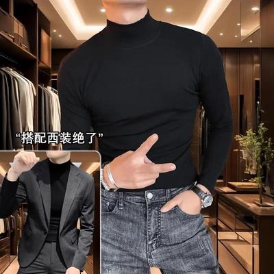 新款高档纯棉秋冬韩版修身潮流内搭双面德绒T恤ins半高领打底衫男