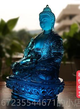 高档禅悦佛艺古光法琉璃师药佛像王如来佛摆件家用供奉工艺用品蓝