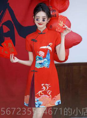 高档衣国潮袍炸年街轻款红色印花中国风连裙会展车展旗演出宴会表