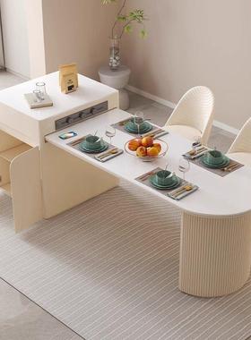 代法式奶油风岩板岛台餐桌一体多现功能伸缩开QME放式桌高端餐家
