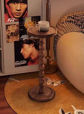 ?实木边小圆桌复迷古轻奢你发茶几桌HOQ子极窄角沙几中古美式置几