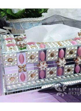 庆粉珍巾珠镜面梅花纸盒奢华60023婚精美新居色装饰摆设车用纸抽