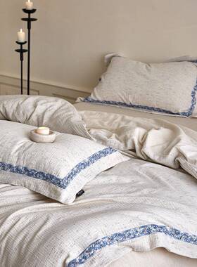 式民色织段染棉麻花四件套日镂空刺提绣小众被套床单宿床上用PZ17