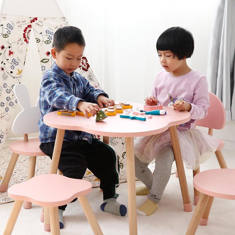 ins北欧家用看书吃饭桌幼儿园早教木桌椅儿童卡通田园系桌椅套装