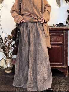 不在-百搭不加绒显瘦亚麻拼接毛边肌理感手工毛边设计松紧腰半裙