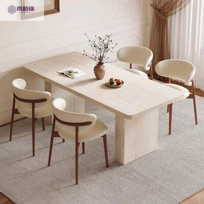 法复古EEL洞石岩板餐桌椅合餐桌组计长方形现代家用设师中古小式