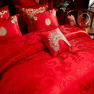 ZJF26602婚庆件大红全棉10棉0s套长绒刺绣龙凤四结婚房嫁喜庆被床