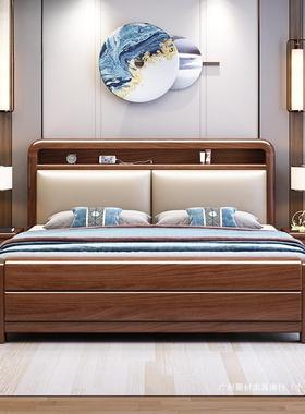 现代约简主卧.8x2米双LQO人大床.5米软靠婚1床檬榆金丝胡桃木实木