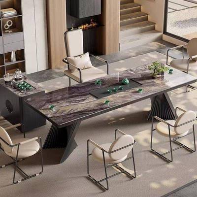 轻高端岩板桌椅组合烧水壶一奢体嵌入式现代RYW简约茶家用泡茶桌